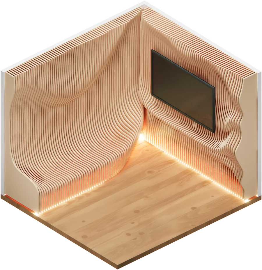 Finished parametric corner wall in natural wood with recessed TV and LED floor lighting