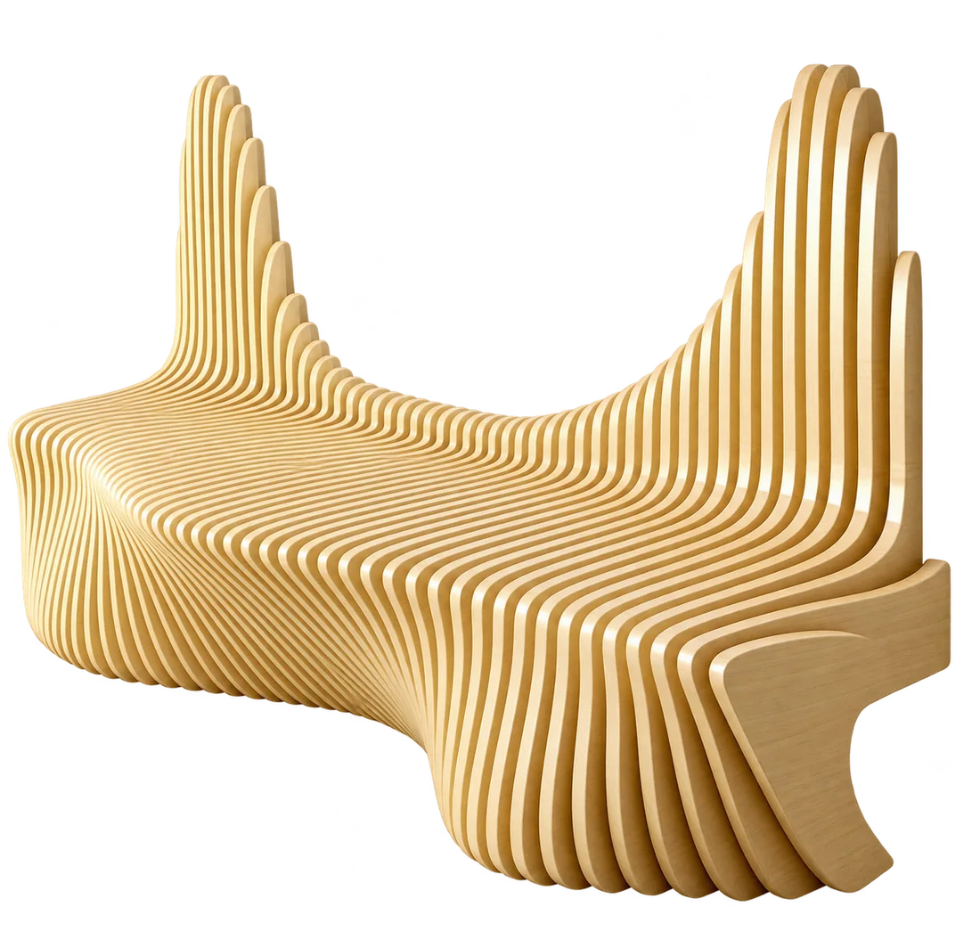 Parametric bench made of sculpted CNC-cut birch ribs