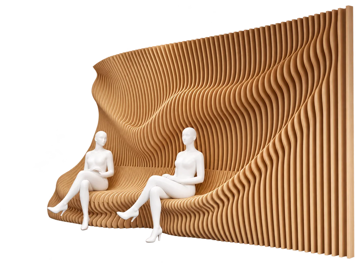 Parametric wave wall with an integrated sculpted bench, made of CNC-cut wooden ribs